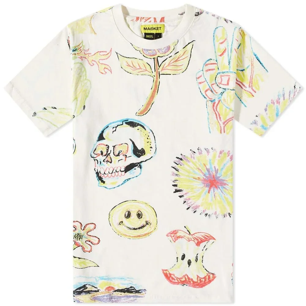 Market Colouring Book Smiley Tee | Size XL | All-Over Print | 100% Cotton